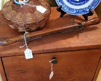 knife, blue and white porcelain, antique sewing basket