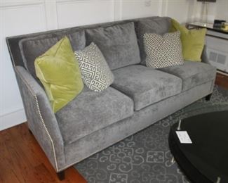 Stylish Walter E Smithe grey velvet sofa w/ nailhead detail