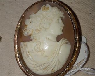 Early shell cameo with tiny seed pearls surrounding goddess bust