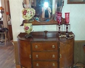 Demilune chest with triple mirror mounted over it, 1930s