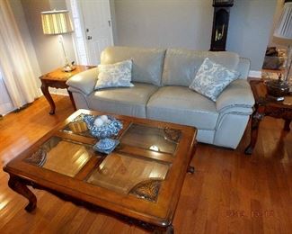 Leather sofa, glass-top coffee table / end tables - Cindy Crawford Collection from Rooms To Go