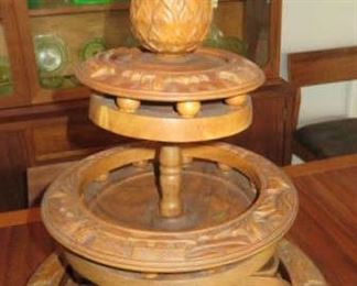 Vintage Monkey Pod Wood Lazy Susan 3 Tier Service Polynesian Luau Carousel with Pineapple