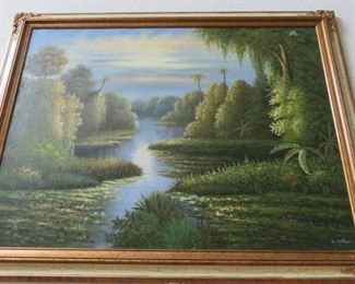 Framed River Landscape Oil on Canvas Painting Signed K. Hillman