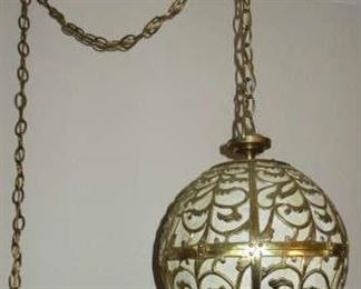 Mid-Century Solid Brass Hanging Swag Globe Lamp with Chain