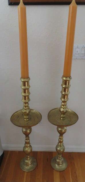 Pair Large Brass Floor Candle Holders