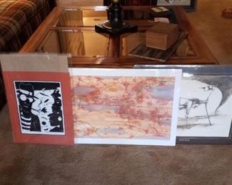Globe-SOLD, original artwork(left)-SOLD, drawing(right)-SOLD, chess set-SOLD, GORGEOUS 4-panel glass top coffee table, matching end table