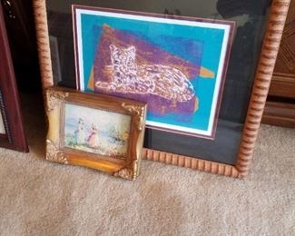 Gold-framed art-SOLD, abstract cat art