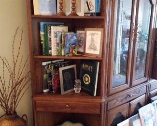 Lenoir House corner open-shelf display cabinet with drawer storage, most small items-SOLD
