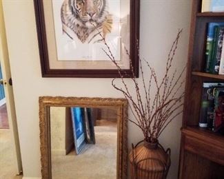 Aged mirror still available (relocated to wall at front door), Guy Coheleach-SOLD, basket-SOLD