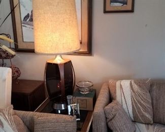 Bentwood & smoked glass large table lamp (1 of pair) & smoked glass & wood end table (1 of pair)