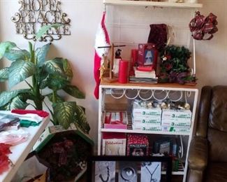 Bakers rack & Christmas decor, wall decor-SOLD, plant-SOLD