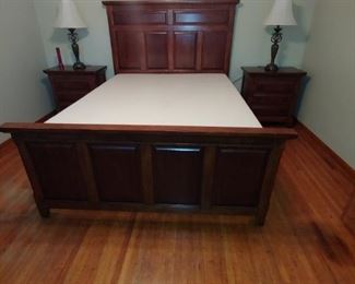 Ashley Cherry queen size bedroom set, including dresser, mirror, headboard, footboard, side rails, 2 night stands and chest of drawers.