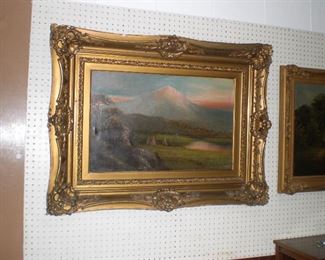 R.A.Clark oil on canvas of Mt.Ranier and teepees in the fore ground