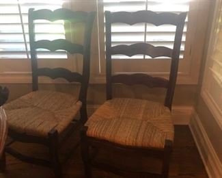 0Six very well made ladder back chairs with rush seat. Dark stain, Generous size 21.5 wide x 21 deep 42.5 tall seat is 18.5 tall   Set of 6 - $700