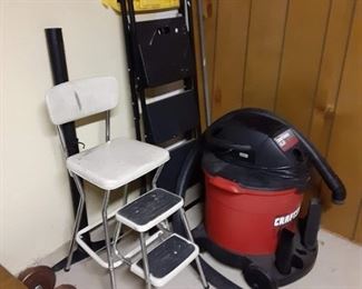 Vintage high chair step stool and shop vac