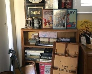 Vintage Games, Nautical Books, Coca-Cola Clock, Beer Steins, Book shelf, Tri-pod  