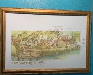 One of a kind sketch of Tom Sawyer island that was hanging in the Frontierland  tower of Disneyland resort Dated 1981 Tom Sawyer island is no longer as it was changed to Pirate Island in 2012