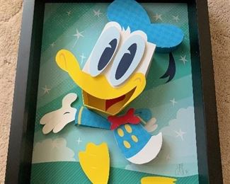 One of a kind Disney Donal Duck paper art, glass is missing can replace easily, dated 2012