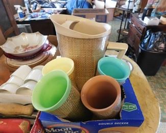 Vintage Plastic Straw Pattern Pitcher and Glasses