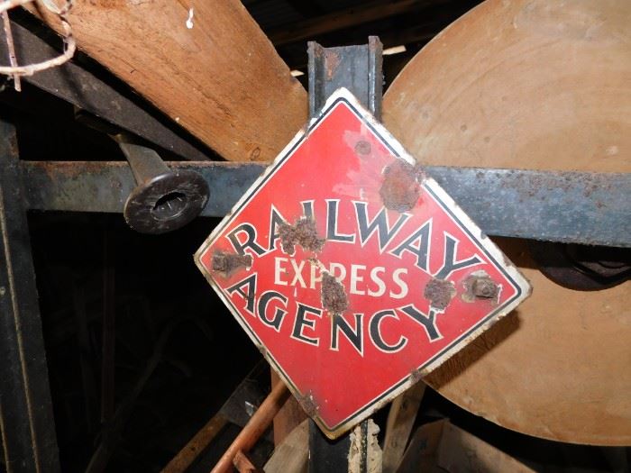Original Railway Express Agency Railway Baggage Wagon with Small Porcelain Sign