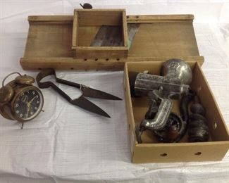 Cabbage slicer,grinder,brass clock, old shears