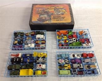 Matchbox cars and trucks in case