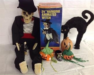 Talking Skeleton, scary witch, and decorations