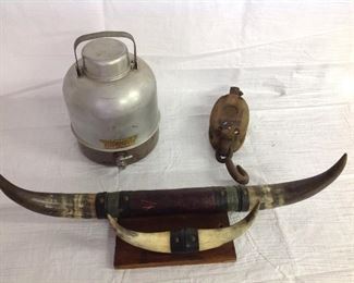 Old picnic jug,cow horns, pulley