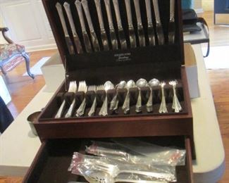 Oneida Sterling Flatware Damask Rose Service 12 with ,cake server, large fork, slotted spoon, 2 spreaders