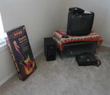 GUITAR CLOCK ON RIGHT SOLD-TV STILL AVAILABLE-$15 ON SATURDAY ENTERTAINMENT CENTER STILL AVAILABLE VHS PLAYER AND DVD PLAYER SOLD SPEAKER STILL AVAILABLE