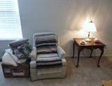 CHAIR STILL AVAILABLE $25 WILL BE 25% OFF SATURDAY-THROW PILLOWS ON THE LEFT STILL A LOT LEFT-LAMP AND TABLE ON RIGHT IS SOLD