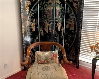 Oriental Throne Chair and Ornate Raised Room Screen/Divider With Mother of Pearl