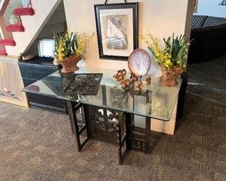 Vintage Ebonized Oriental Themed Glass Topped Table