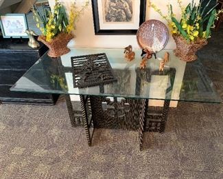 Vintage Ebonized Oriental Themed Glass Topped Table
