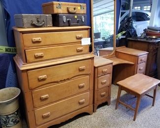 Antique 4-piece maple furniture  - dresser, vanity, mirror and stool. 