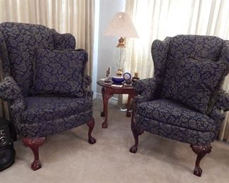 Wingback chairs and cherry wood occasional table