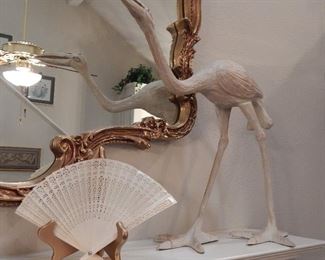 2nd Hand-carved crane, vintage celluloid fan