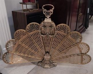 Vintage art deco brass peacock fan firescreen