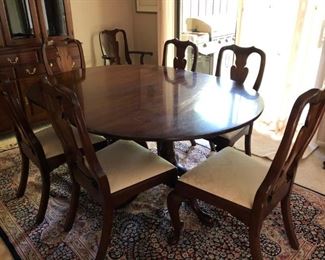 Henkel Harris Oval Dining Room Set To Include -Table with Double Pedestal Base, 4 leaves, pads and 6 upholstered chairs/ 2 upholstered chairs with arms
