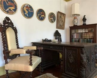 Carved Spanish Revival Armchair, Carved Figural Partners Desk Attributed to R.J. Horner, Moravian Pottery Season's Tiles, Hiram Campbell Merrill