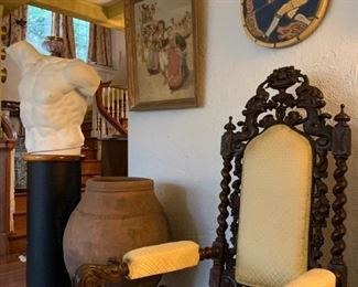 Carved Spanish Revival Armchair, Moravian Pottery Season's Tiles, Laocoon Torso, Hiram Campbell Merrill