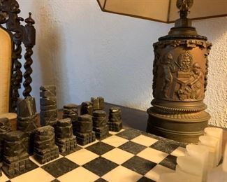 Marble Chess Set, Electrified Oil Lamp in Bronze with Engraved Copper Figures