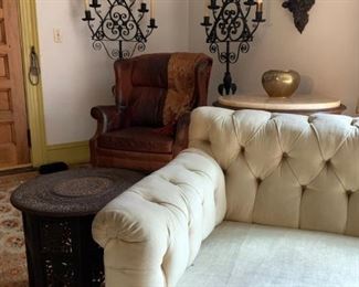 Chesterfield Sofa, Hand Carved Folding Accent Table, Cast Iron Standing Candelabra, PAIR, After Cyril Colnick