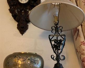 Japanese Meiji Period Bronze Vase, Wrought Iron Base Lamp, American Rococo Carved Wall Clock