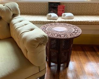 Chesterfield Sofa, Hand Carved Folding Accent Table