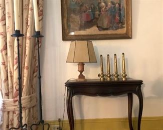 Hiram Campbell Merrill, Flip Top Card Table, Marble Lamp, Cast Iron Floor Standing Candle Holders