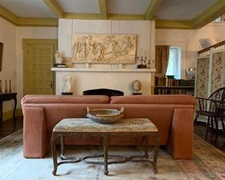 Plaster Cast After Guido Reni, Aurora, Italian Leather Sofa, Carved Leg Upholstered Bench