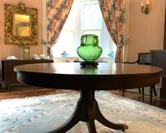 Round Mahogany Pedestal Table, Dhurrie Flat Weave Rug