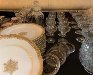 W. Guerin and Co Porcelain, Antique Etched Crystal Stemware