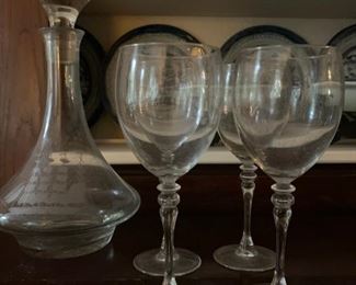 Etched Decanter with Clipper Ship, Crystal Stemware